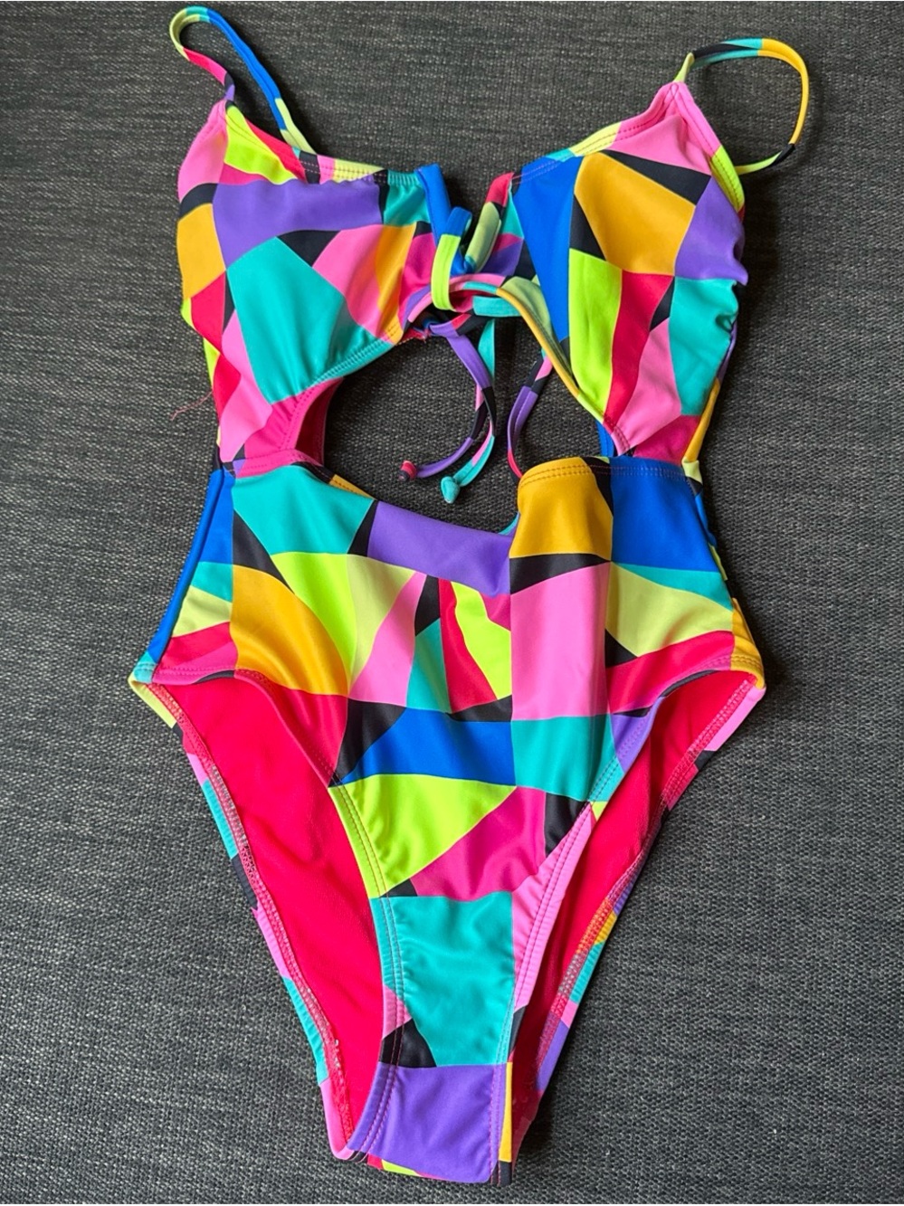 No Boundaries Bright Multicolor Geometric Cutout One-Piece Swimsuit